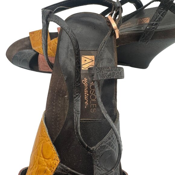 Aerosoles Wedge Sandals 8.5 Black Brown Orange Croc Embossed Leather Straps - Picture 4 of 8